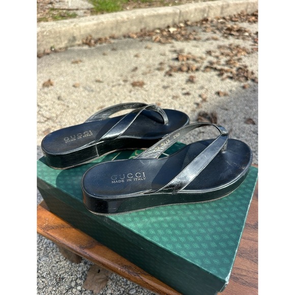 Gucci Black Leather Thong Sandals Womens Size 5.5 B Made in Italy - Picture 7 of 11